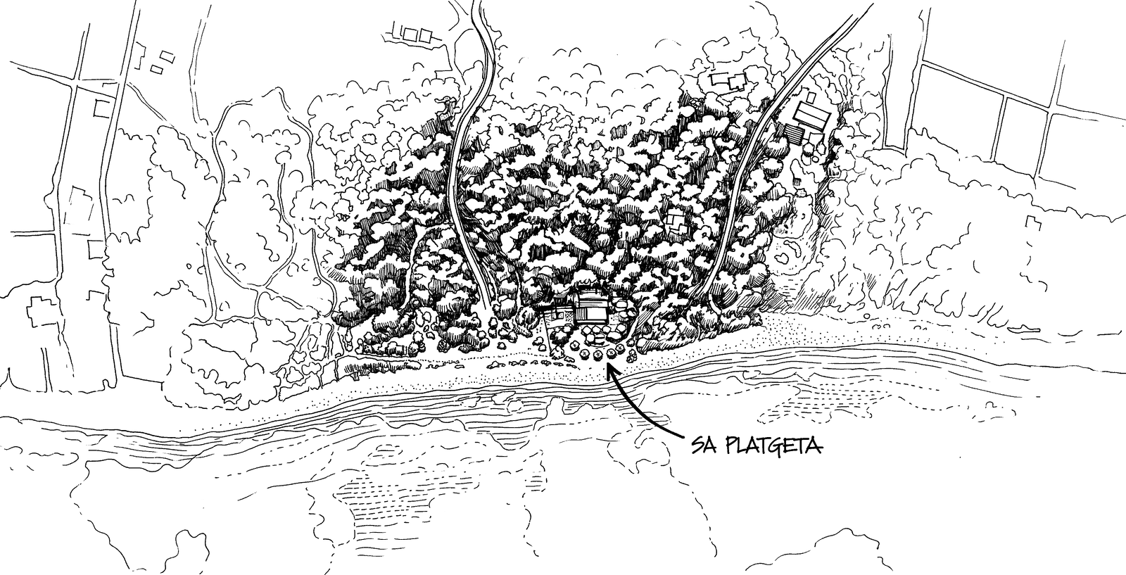 Dibujo de la playa de Migjorn con Sa Platgeta señalado. Abre Google Maps.